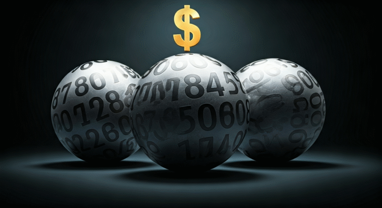 Fotografía conceptual y realista de las bolas de lotería Powerball con los números ganadores y un símbolo de dólares en el fondo, con iluminación dramática y detalles nítidos.
