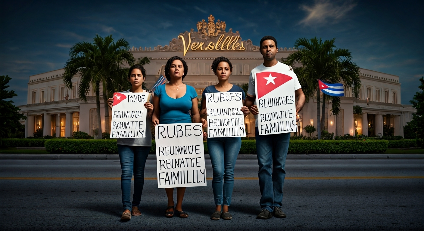 Fotografía conceptual y realista de familias cubanas en Miami protestando, portando pancartas con mensajes de reunificación familiar. De fondo, una silueta del restaurante Versailles y banderas de Estados Unidos y Cuba. Estilo cinematográfico, alta definición.