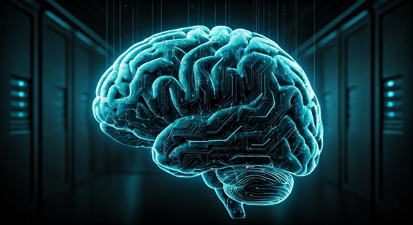 Imagen fotorrealista de un cerebro humano hecho de circuitos brillantes, suspendido en una sala de servidores, para representar la inteligencia artificial. Iluminación dramática y detalles nítidos.