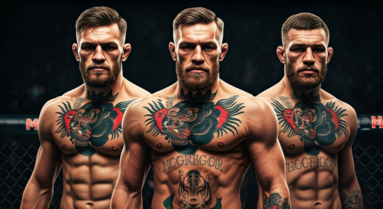 Fotografía conceptual y realista de Conor McGregor, Ilia Topuria y Sean O'Malley, tres figuras prominentes de la UFC, en el octágono, con iluminación dramática y detalles nítidos que capturan la intensidad del deporte.