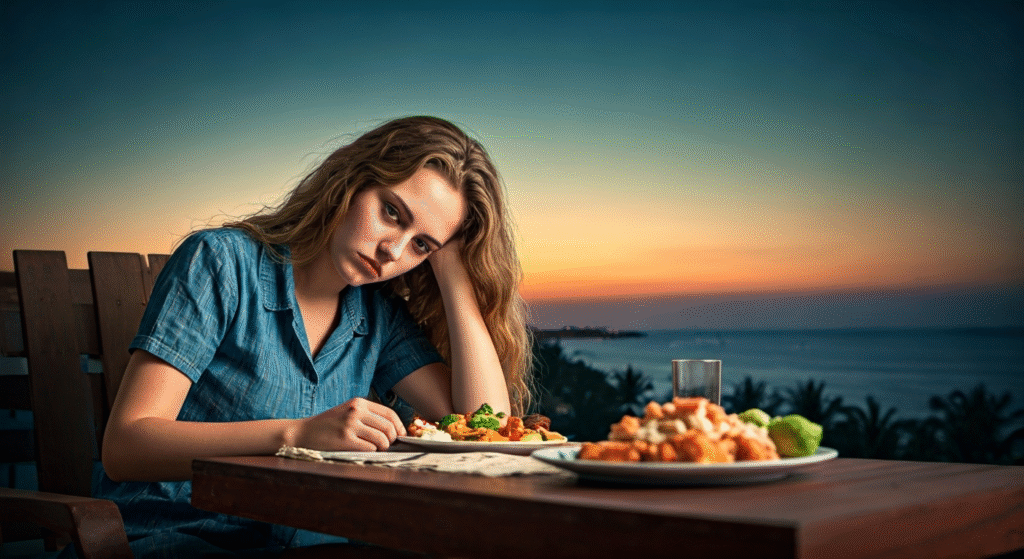 Fotografía conceptual y realista de una joven cubana con expresión de decepción, sentada en una terraza de hotel infestada de mosquitos, con un plato de comida escasa y poco apetitosa al fondo, contrastando con una vista borrosa de una hermosa playa de Varadero. Estilo cinematográfico, alta definición.