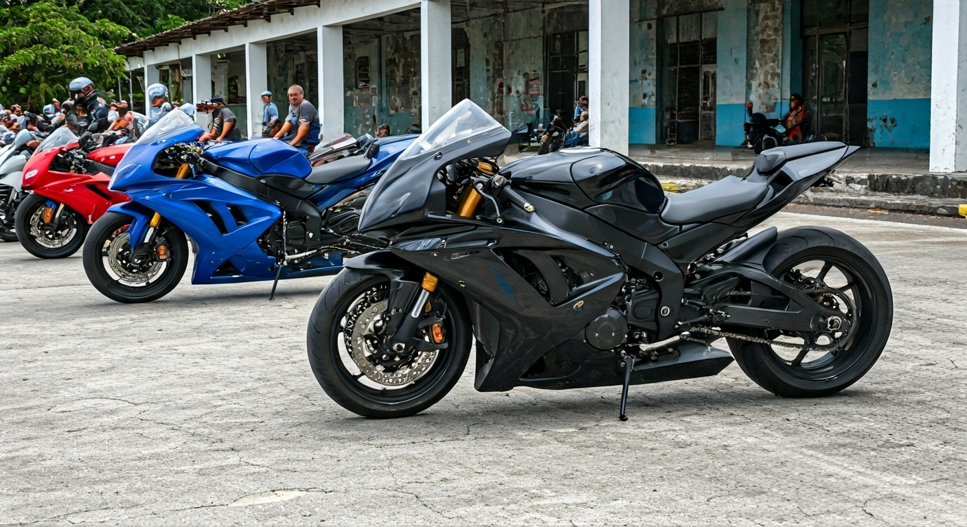 Fotografía de alta calidad de un grupo de motociclistas exhibiendo sus motos, incluyendo modelos deportivos y eléctricos personalizados, durante un desfile organizado en el antiguo aeropuerto de Santa Marta, Varadero. El ambiente es festivo y lleno de adrenalina, con detalles nítidos en los vehículos. Estilo documental y realista.