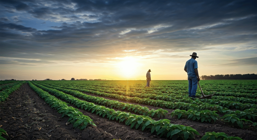 Fotografía conceptual y realista de jornaleros inmigrantes trabajando en un vasto campo agrícola bajo un cielo al amanecer, simbolizando su contribución esencial a la economía de EE. UU. Estilo cinematográfico, alta definición.