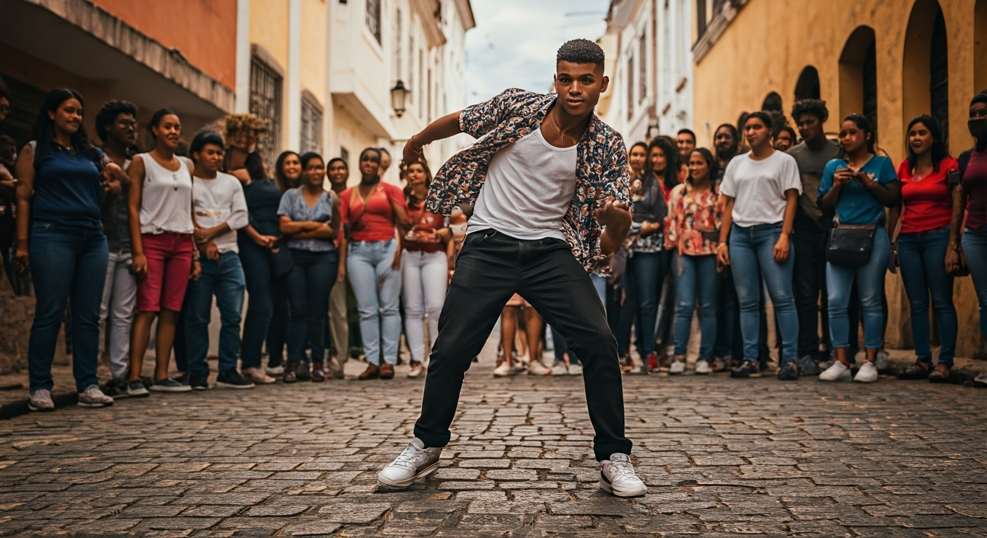 Fotografía fotorrealista de alta calidad de un joven cubano bailando con energía al ritmo del reparto en una calle bulliciosa de Brasil, con espectadores observando desde escaleras. Estilo documental y vibrante.