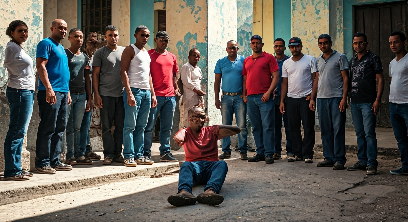 Fotografía de alta calidad de un grupo de vecinos en Santiago de Cuba rodeando a un hombre en el suelo, con expresiones de frustración y determinación, bajo una luz solar intensa. Estilo documental y realista.
