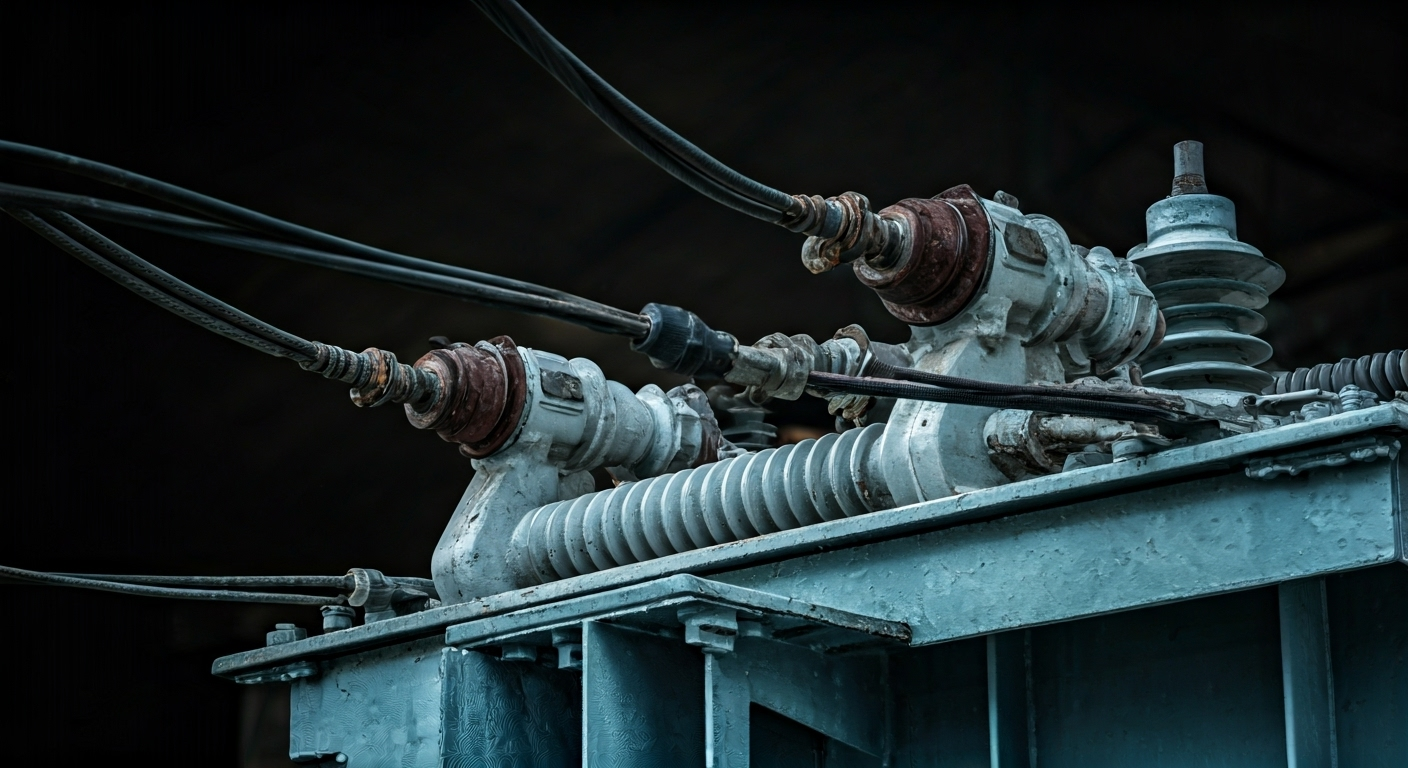 Fotografía de alta calidad de un transformador eléctrico, con un enfoque en su conexión a los cables, que captura el significado de la crisis energética y los riesgos asociados. Estilo documental y realista.