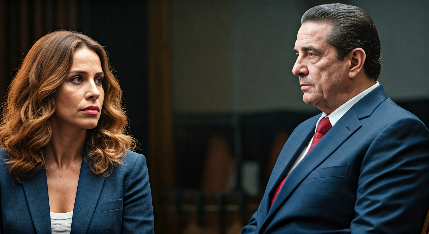 Fotografía conceptual y realista de Rosa María Payá y Miguel Díaz-Canel en un escenario que simboliza un debate político tenso y desigual. Estilo cinematográfico, alta definición.