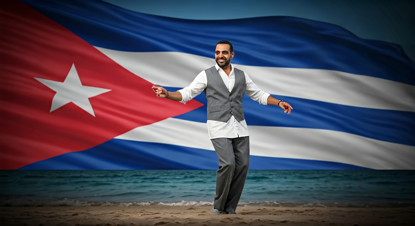 Fotografía conceptual y realista de Salem Shahen, un hombre libanés sonriente, bailando alegremente salsa en una playa de Varadero, Cuba, con la bandera cubana ondeando suavemente al fondo. Estilo cinematográfico, alta definición.