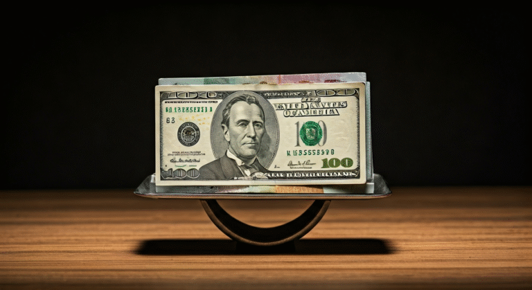 Dólar en récord: La Tasa de Cambio Informal en Cuba Fotografía conceptual y realista de varias monedas (dólares, euros, pesos cubanos, MLC) apiladas en una balanza, con el peso cubano inclinado hacia abajo, simbolizando la devaluación y la inestabilidad económica en Cuba, con iluminación dramática y detalles nítidos.