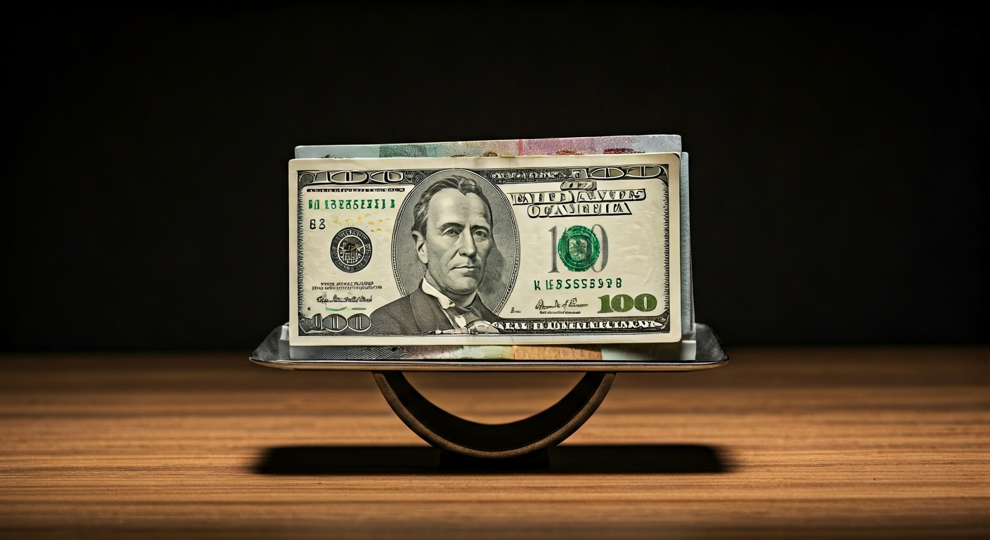 Fotografía conceptual y realista de varias monedas (dólares, euros, pesos cubanos, MLC) apiladas en una balanza, con el peso cubano inclinado hacia abajo, simbolizando la devaluación y la inestabilidad económica en Cuba, con iluminación dramática y detalles nítidos.