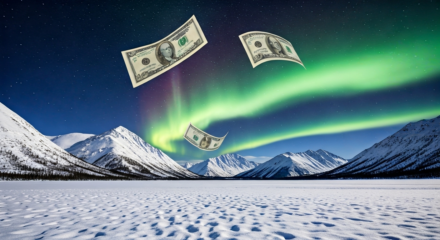 Fotografía de alta calidad de un paisaje nevado de Alaska, con billetes de dólar flotando suavemente sobre un fondo de montañas y auroras boreales, simbolizando el cheque de estímulo PFD. Estilo documental y realista.