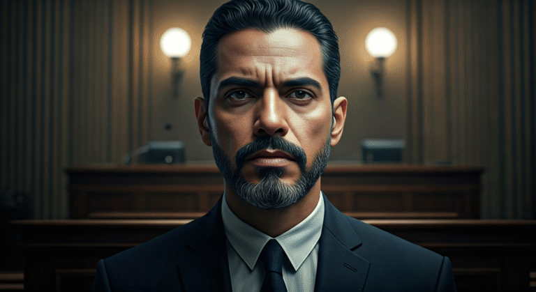 Fotografía conceptual y realista de Leydis Menéndez Abdala, su rostro serio, en un entorno que evoca una sala de tribunal en Miami. Estilo cinematográfico, alta definición.