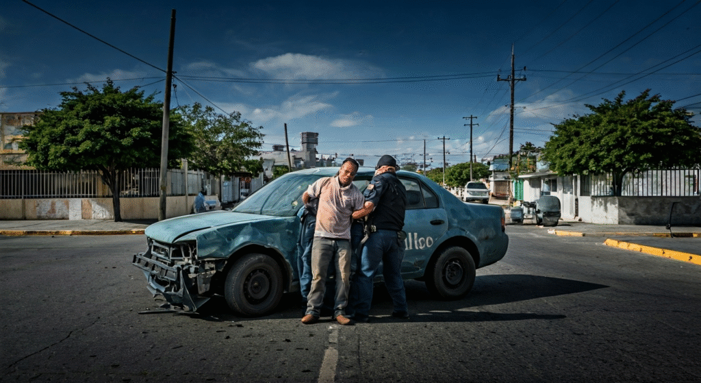 Fotografía conceptual y realista de un hombre cubano siendo detenido por policías mexicanos, con vehículos dañados al fondo en las calles de Tapachula. Estilo cinematográfico, alta definición.