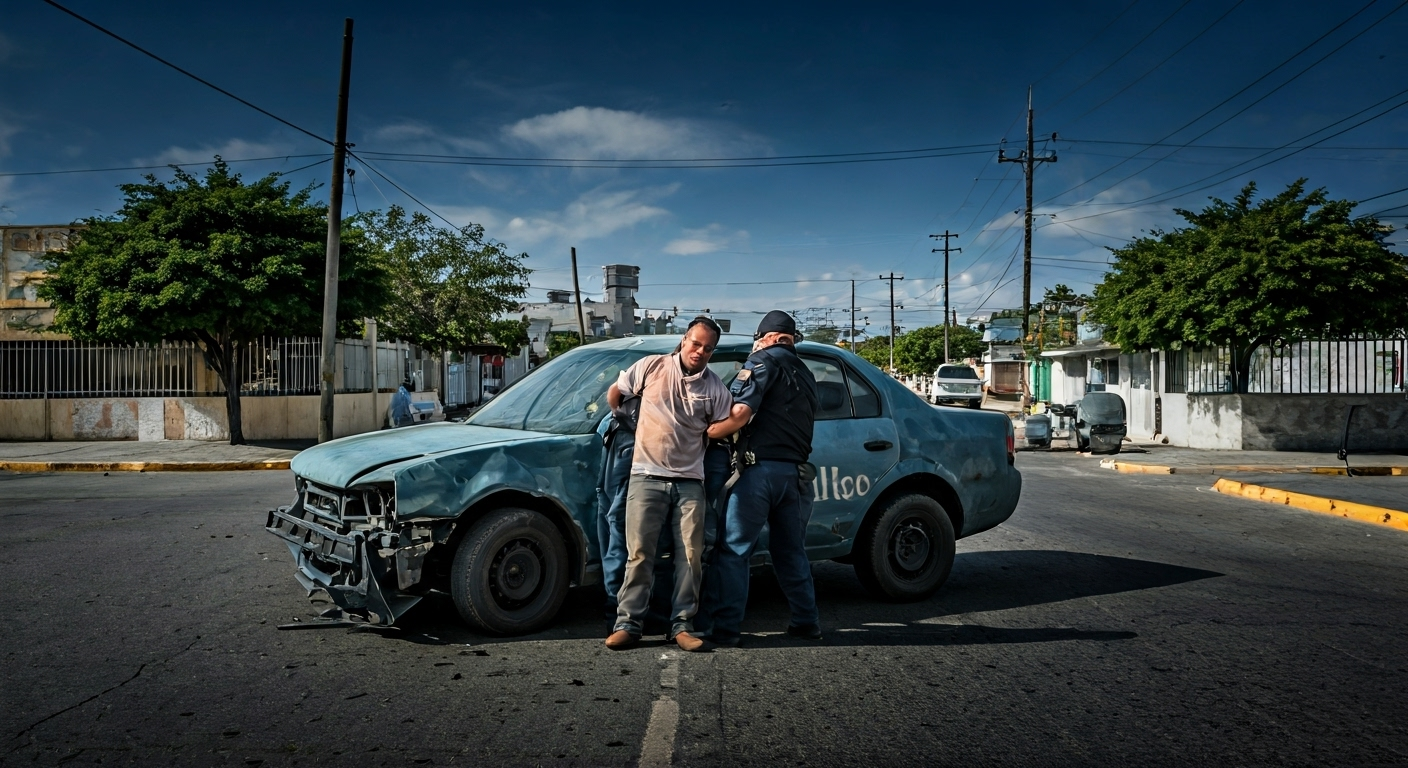 Fotografía conceptual y realista de un hombre cubano siendo detenido por policías mexicanos, con vehículos dañados al fondo en las calles de Tapachula. Estilo cinematográfico, alta definición.