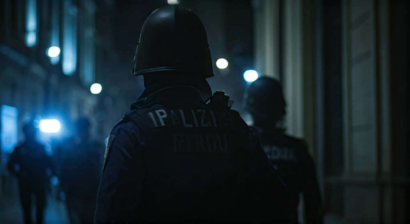 Imagen fotorrealista que representa el concepto de la aplicación de la ley migratoria en el interior de un país, con una silueta de agentes uniformados y una persona en un entorno urbano discreto. Iluminación tenue y detalles nítidos para una atmósfera de seriedad.