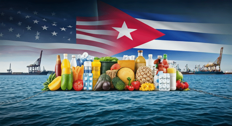 Fotografía conceptual y realista de productos agrícolas y medicamentos siendo cargados en un puerto con banderas de Estados Unidos y Cuba ondeando en el fondo, simbolizando las exportaciones limitadas. Estilo cinematográfico, alta definición.