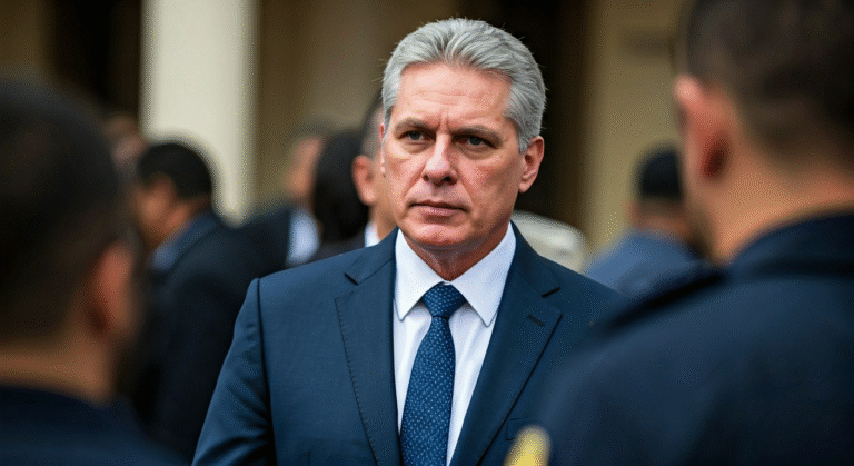 Díaz-Canel y su Seguridad: Lujo vs. Miseria en Cuba Fotografía de alta calidad de Miguel Díaz-Canel rodeado por su equipo de seguridad personal durante un evento oficial en Cuba. Estilo documental y realista.