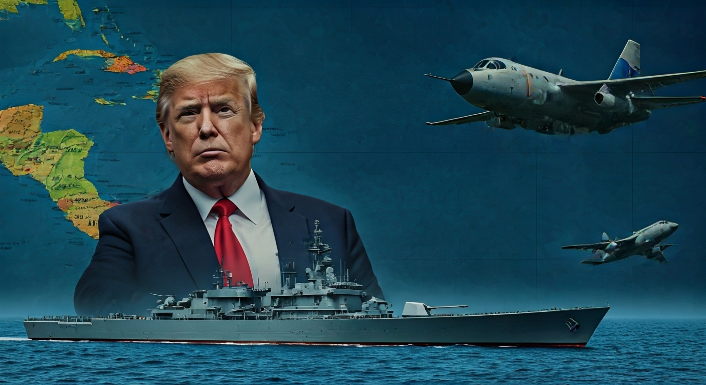 Fotografía conceptual y realista de Donald Trump dando una orden militar, con un mapa del Caribe de fondo y un avión de combate venezolano y un buque de guerra estadounidense estilizados. Estilo cinematográfico, alta definición.