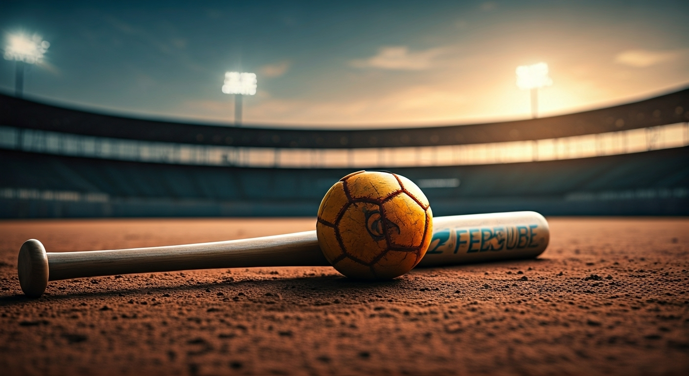 Fotografía conceptual y realista de un bate de béisbol de madera de caoba roto, con el logotipo de FEPCUBE desdibujado en el mango, sobre un campo de béisbol abandonado bajo un cielo nublado al atardecer, simbolizando la disolución de la federación. Estilo cinematográfico, alta definición.