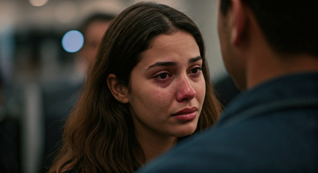 Fotografía fotorrealista de Milenita en el aeropuerto de Miami, con lágrimas en los ojos mientras su esposo la consuela, reflejando tristeza por dejar a su familia en Cuba y esperanza por un nuevo comienzo en Estados Unidos. Estilo cinematográfico, alta definición.