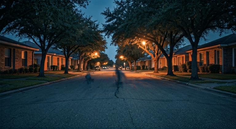Fotografía fotorrealista de una calle residencial al anochecer en Houston, Texas, con luces de casas encendidas y la silueta borrosa de un niño corriendo en la distancia, simbolizando el lugar y la naturaleza de la trágica broma. Iluminación tenue y detalles nítidos.