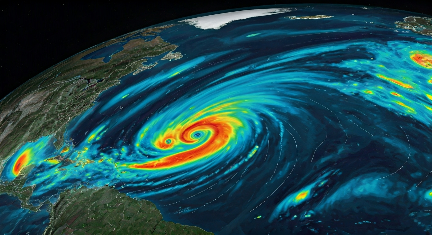 Imagen fotorrealista de un mapa meteorológico digital de alta resolución mostrando múltiples huracanes y tormentas tropicales activos en el Océano Atlántico y el Pacífico Oriental. Colores vibrantes de satélite y trayectorias de viento, con datos de temperatura del agua superpuestos. Estilo cinematográfico, alta definición.