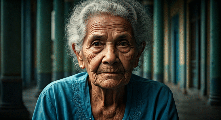 Fotografía conceptual y realista de una anciana cubana, Mery, en un entorno que simboliza la esperanza y la búsqueda de su familia en La Habana. La imagen transmite seriedad y preocupación.