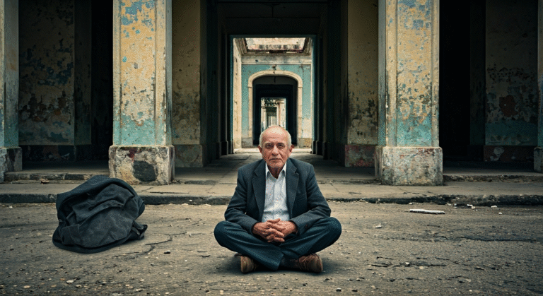 Fotografía conceptual y realista de un hombre anciano, presumiblemente un profesor jubilado, sentado en el suelo de una calle desolada de Santiago de Cuba, rodeado de sus escasas pertenencias, con una expresión de resignación. Estilo cinematográfico, alta definición.