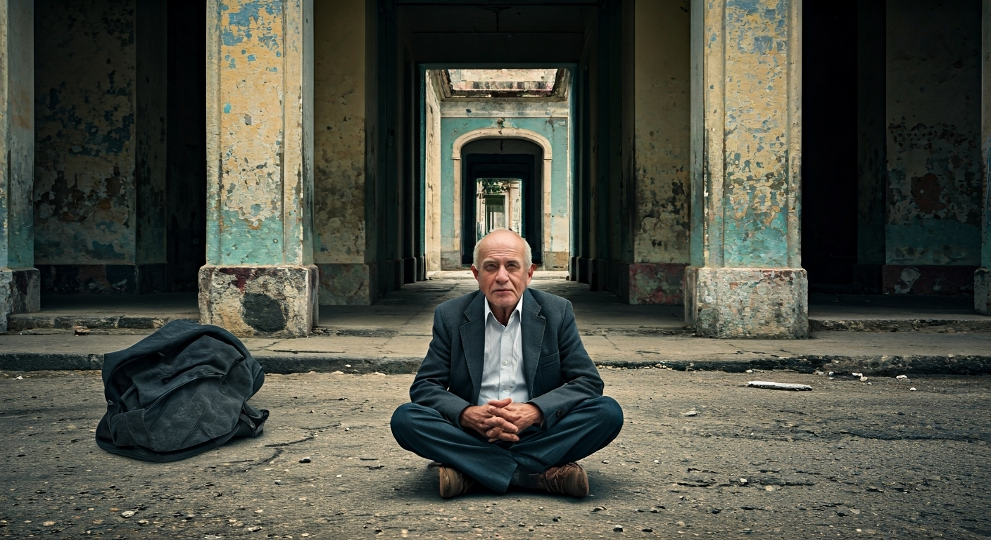 Fotografía conceptual y realista de un hombre anciano, presumiblemente un profesor jubilado, sentado en el suelo de una calle desolada de Santiago de Cuba, rodeado de sus escasas pertenencias, con una expresión de resignación. Estilo cinematográfico, alta definición.