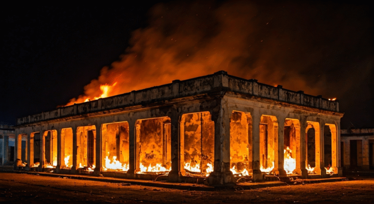 Fotografía de alta calidad de un incendio nocturno en un pueblo cubano, con llamas consumiendo techos de edificaciones antiguas y la silueta de bomberos en acción, capturando la devastación. Estilo documental y realista.