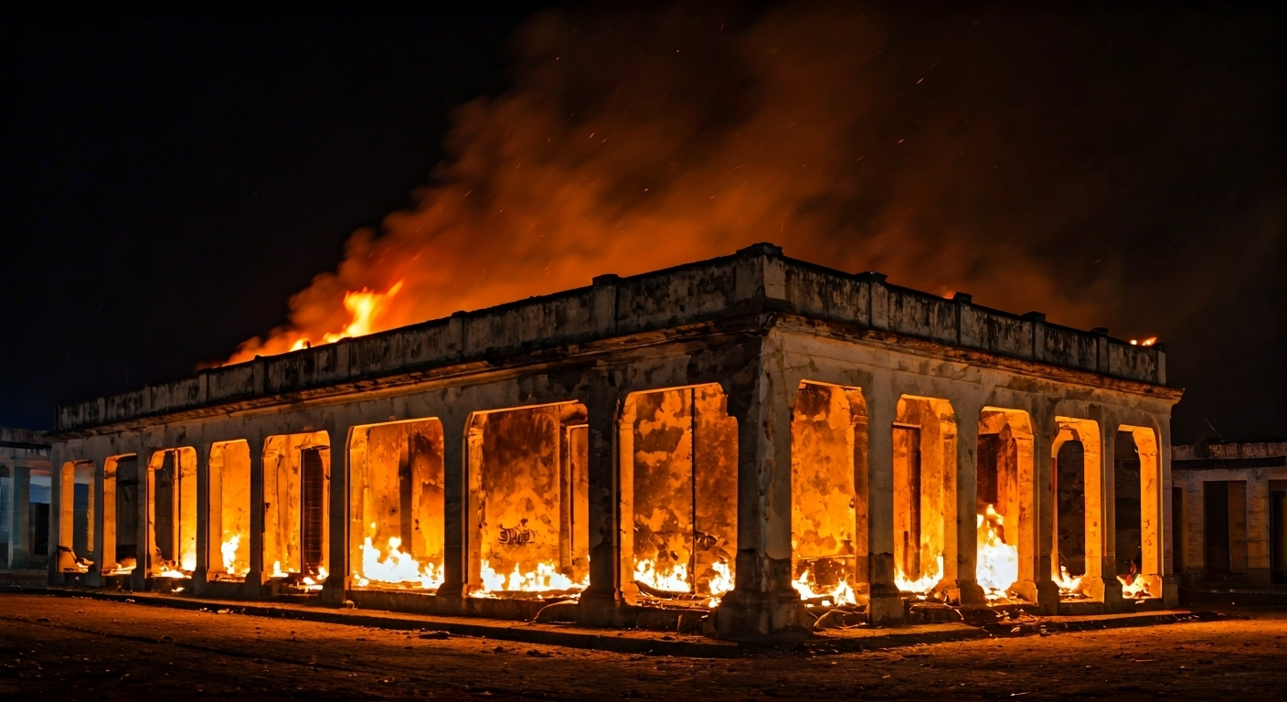 Fotografía de alta calidad de un incendio nocturno en un pueblo cubano, con llamas consumiendo techos de edificaciones antiguas y la silueta de bomberos en acción, capturando la devastación. Estilo documental y realista.