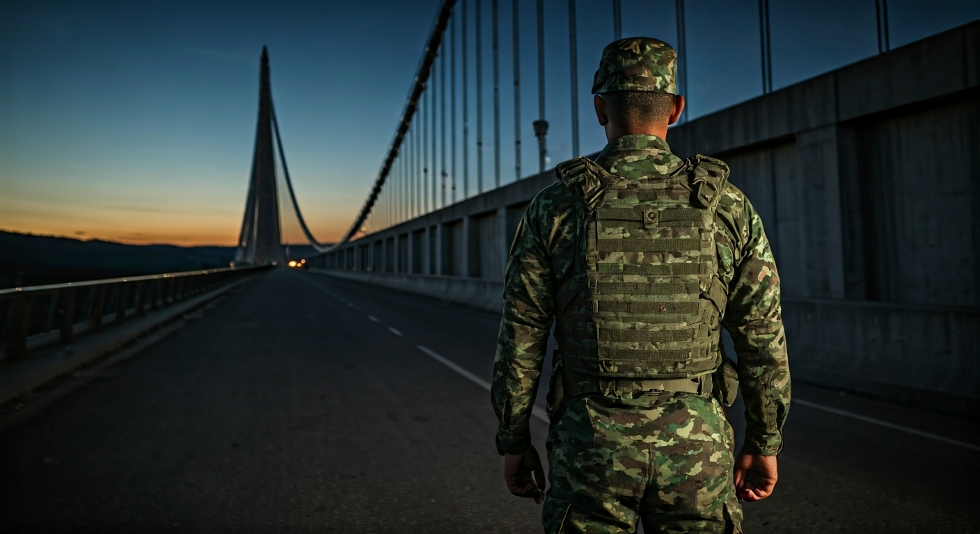 Fotografía fotorrealista de un soldado colombiano en el puente Simón Bolívar que conecta con Venezuela, observando la frontera, con un ambiente de tensión geopolítica y una luz dramática.