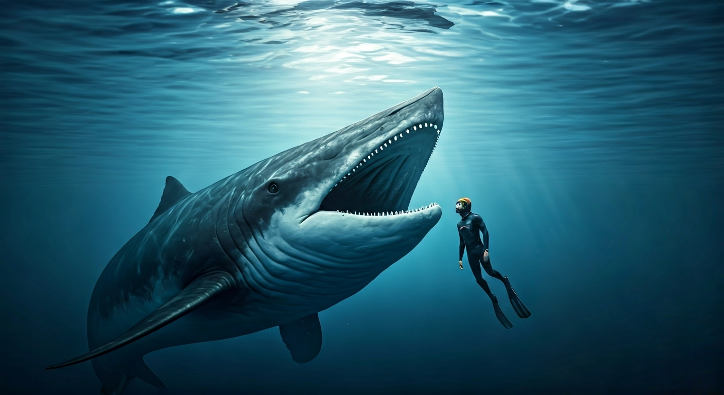 Fotografía conceptual y realista de un buceador nadando junto a un inmenso tiburón ballena, con su boca abierta filtrando, en aguas tropicales cristalinas. Estilo cinematográfico, alta definición.