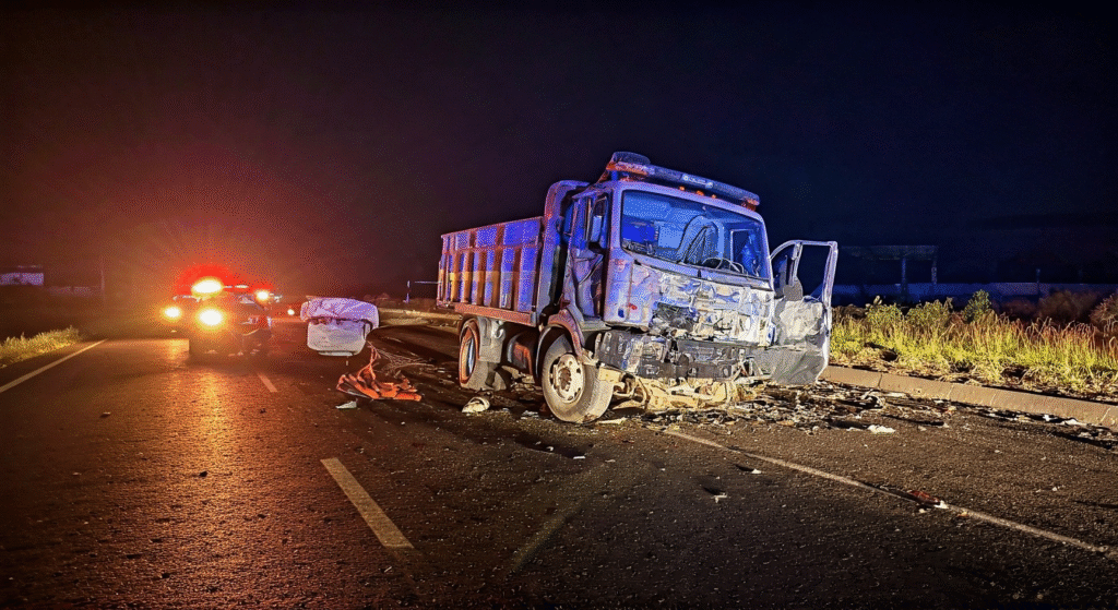 Fotografía fotorrealista de alta calidad que representa el sitio de un accidente automovilístico grave en Cienfuegos, Cuba, con un camión y una rastra severamente dañados después de una colisión frontal. Se observan luces de emergencia de equipos de rescate y escombros dispersos en la carretera, capturando el impacto dramático del suceso. Estilo documental.