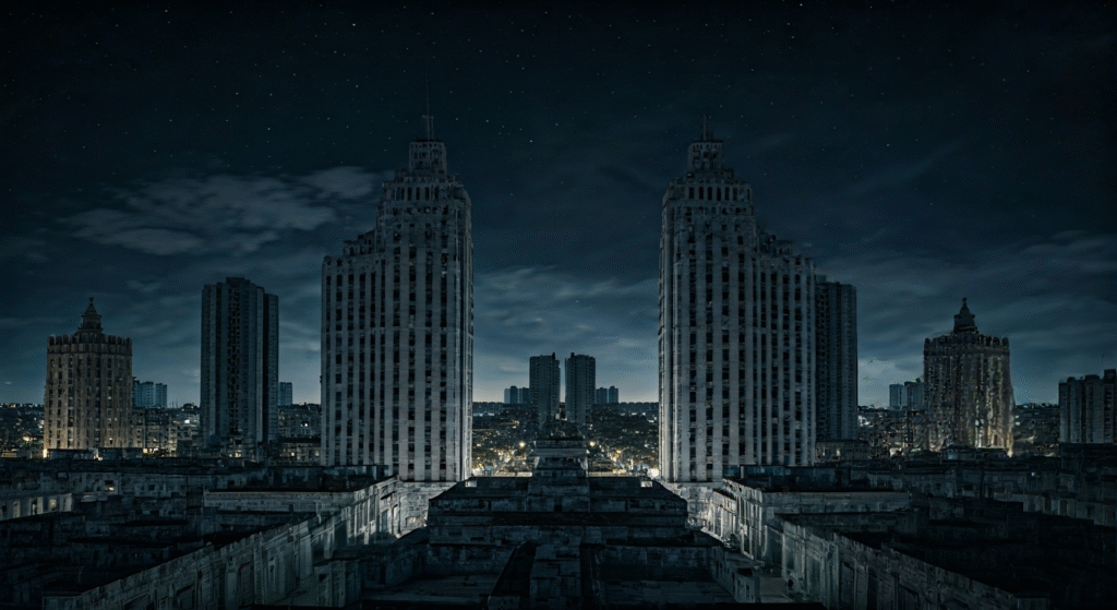 Fotografía conceptual y realista de una ciudad cubana sumida en la oscuridad de un apagón, con siluetas de edificios y un cielo estrellado, simbolizando la constante privación de energía. Estilo cinematográfico, alta definición.