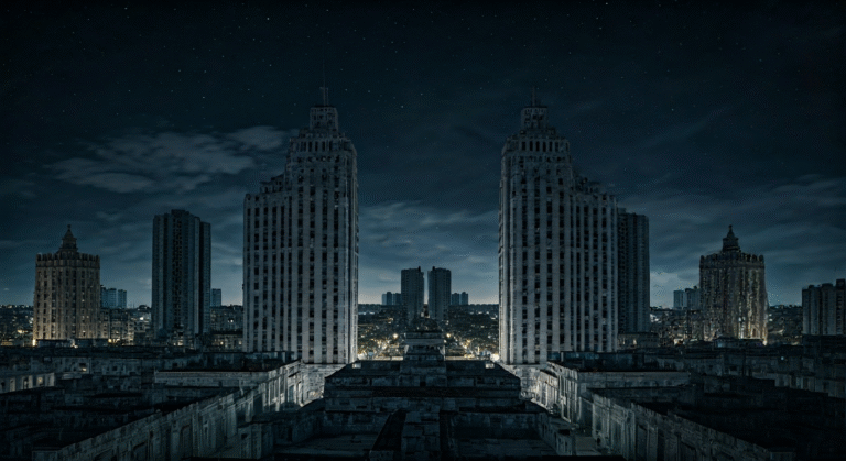Fotografía conceptual y realista de una ciudad cubana sumida en la oscuridad de un apagón, con siluetas de edificios y un cielo estrellado, simbolizando la constante privación de energía. Estilo cinematográfico, alta definición.