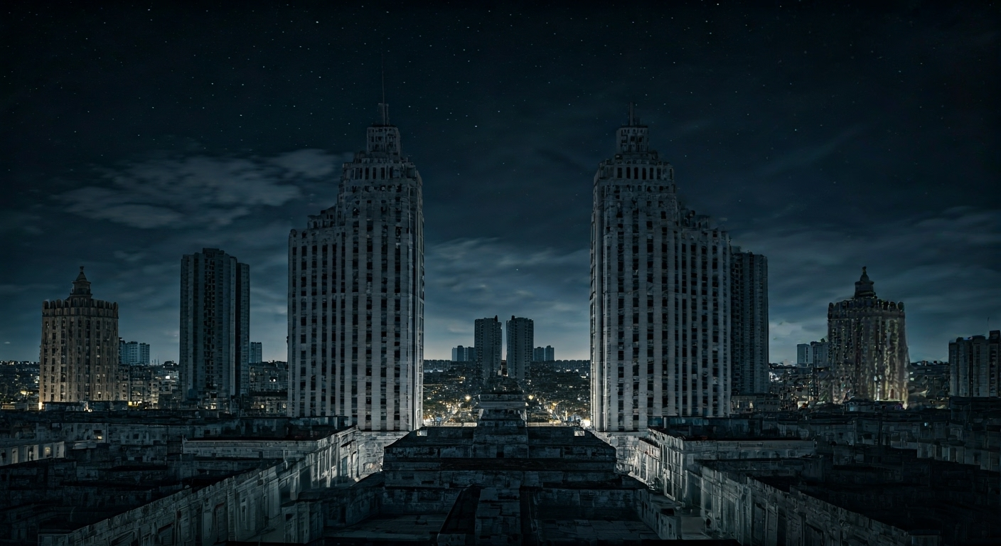 Fotografía conceptual y realista de una ciudad cubana sumida en la oscuridad de un apagón, con siluetas de edificios y un cielo estrellado, simbolizando la constante privación de energía. Estilo cinematográfico, alta definición.