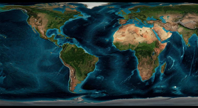 Fotografía de alta calidad de un mapa mundial, mostrando las intrincadas trayectorias y la frecuencia de los ciclones tropicales y tormentas tropicales a lo largo de los principales océanos, con un enfoque en las regiones de mayor actividad que capturan la distribución global de estos fenómenos meteorológicos extremos. Estilo documental y realista.