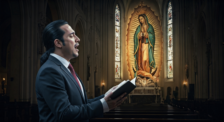 Eduardo Antonio y el Clamor de la Diáspora Cubana en Miami Fotografía conceptual y realista de Eduardo Antonio cantando con pasión en la Ermita de la Caridad de Miami, con la Virgen del Cobre de fondo. Estilo cinematográfico, alta definición.