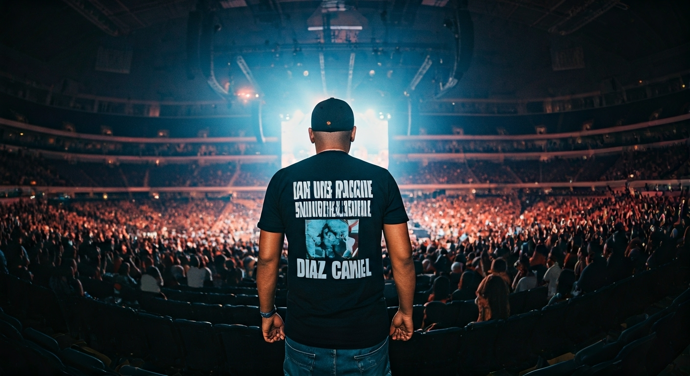 Fotografía fotorrealista de alta calidad de L Kimii en el escenario del Watsco Center en Miami, vistiendo una camiseta oscura con un mensaje político explícito contra Miguel Díaz-Canel. El artista está rodeado de luces de concierto y la multitud se ve al fondo, capturando el significado e impacto de la noticia. Estilo documental y realista.