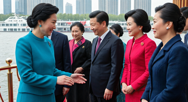 Fotografía fotorrealista de Peng Liyuan, esposa del presidente chino Xi Jinping, recibiendo sonriente a varias primeras damas asiáticas y europeas, quienes se muestran elegantes y atentas, en un entorno de lujo y protocolos diplomáticos en Tianjin, China, con una embarcación en el río Haihe al fondo.