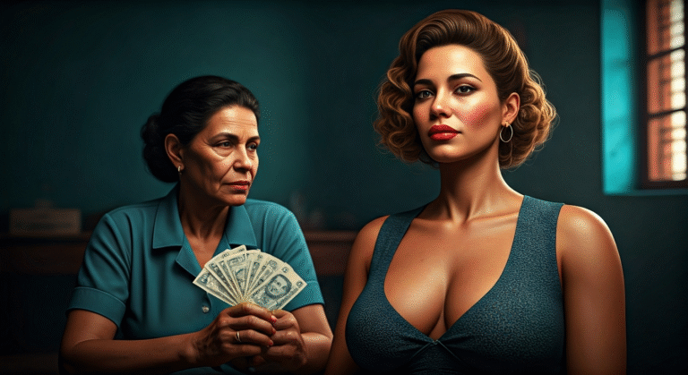 Salarios en Cuba: La Cintumbare exhibe polémica Fotografía conceptual y realista de La Cintumbare, una mujer cubana joven con rasgos distintivos de influencer, sentada junto a una mujer de mayor edad, que representa una empleada doméstica. La Cintumbare sostiene varios fajos de billetes cubanos de 20 y 50 pesos, que simbolizan el pago semanal. El escenario es un interior cubano modesto pero cuidado, con luz natural suave que resalta los detalles de las expresiones faciales de ambas mujeres. Estilo cinematográfico, alta definición.