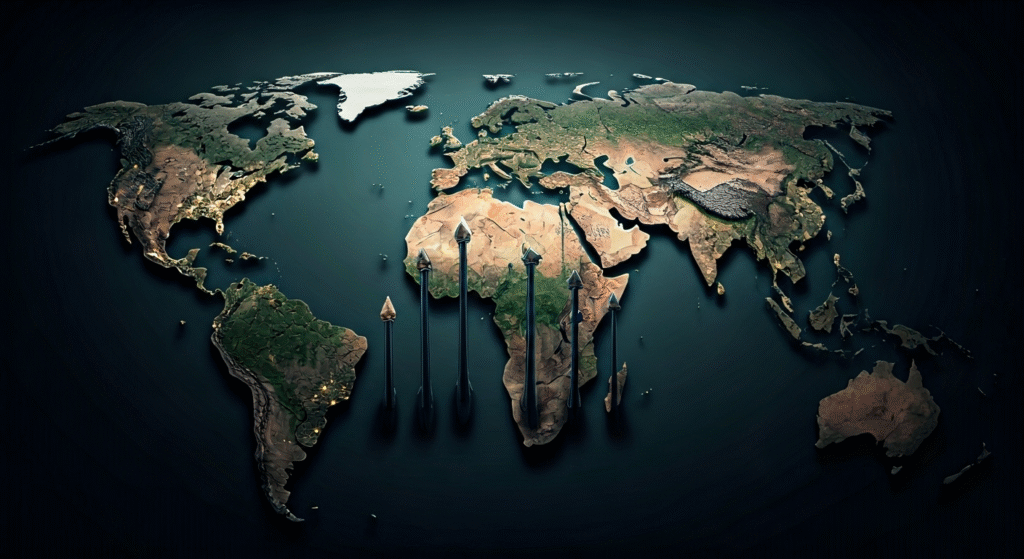 Fotografía conceptual y realista de un mapa mundial estilizado con flechas ascendentes que emanan de los principales países inversores en defensa, con iluminación dramática y detalles nítidos, simbolizando el aumento del gasto militar global.