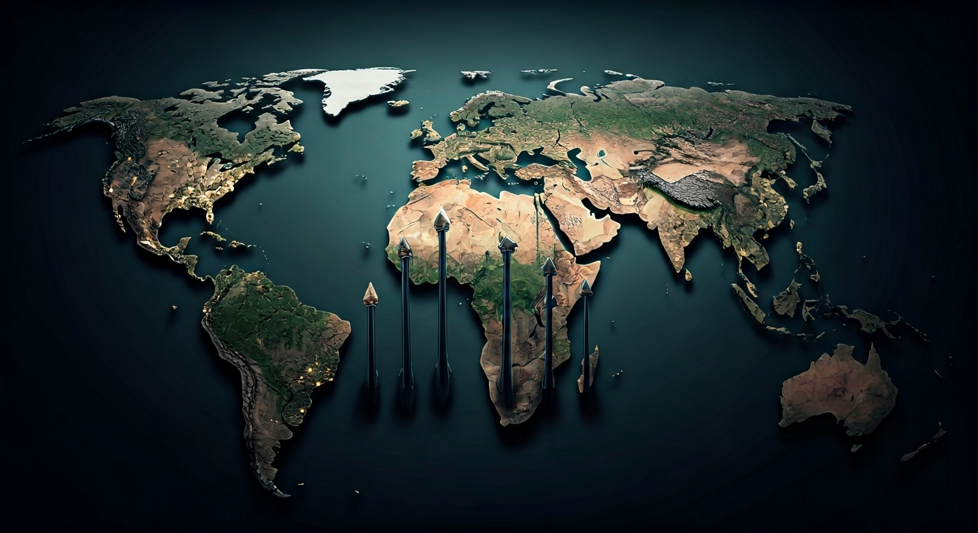 Fotografía conceptual y realista de un mapa mundial estilizado con flechas ascendentes que emanan de los principales países inversores en defensa, con iluminación dramática y detalles nítidos, simbolizando el aumento del gasto militar global.