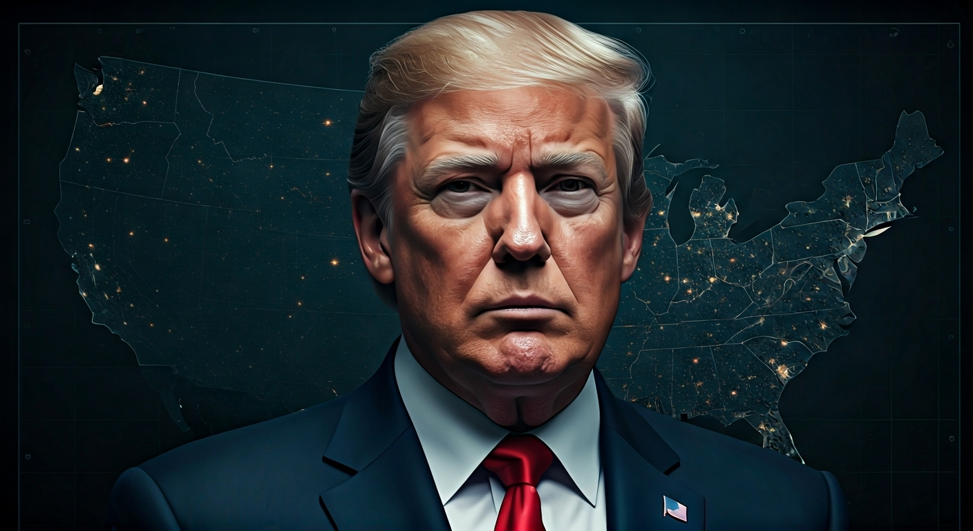 Fotografía conceptual y realista de Donald Trump, con semblante serio, frente a un mapa de Estados Unidos semitransparente que muestra áreas iluminadas, simbolizando el escrutinio público sobre su salud y la nación. Estilo cinematográfico, alta definición.
