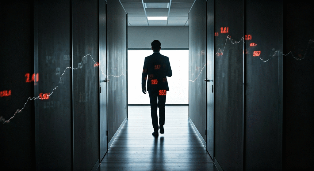 Fotografía conceptual y realista de una persona caminando por un pasillo de oficina vacío, con luz tenue y gráficos superpuestos que representan cifras económicas negativas, simbolizando despidos y la incertidumbre laboral. Estilo cinematográfico, alta definición.