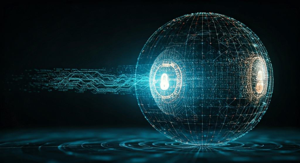 Imagen fotorrealista que representa la complejidad de la ciberseguridad en la nube, con escudos digitales y un flujo de datos seguro. Iluminación dramática y detalles nítidos.