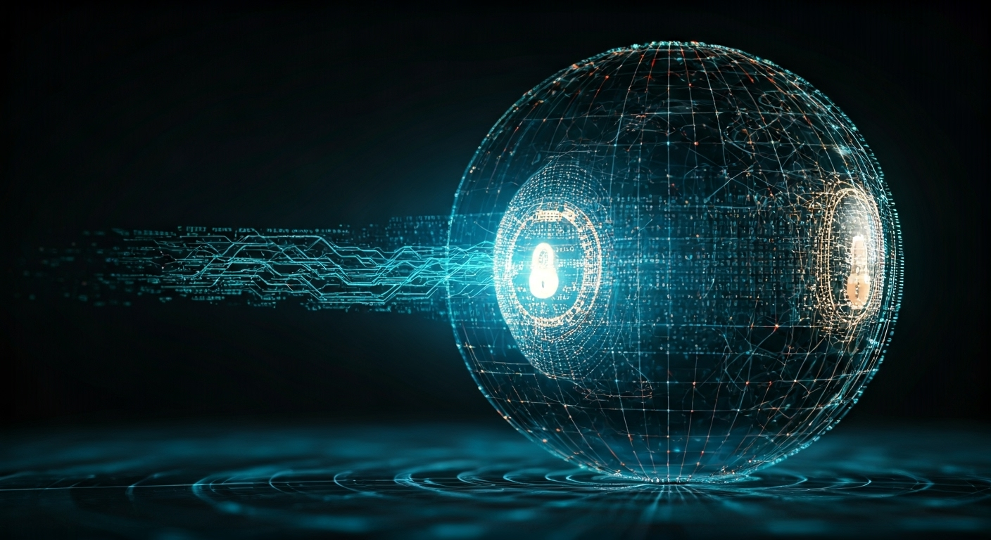 Imagen fotorrealista que representa la complejidad de la ciberseguridad en la nube, con escudos digitales y un flujo de datos seguro. Iluminación dramática y detalles nítidos.