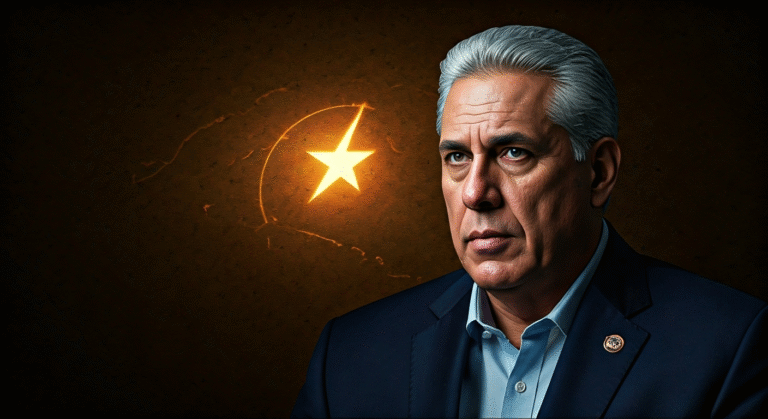 Crisis eléctrica en Cuba: Díaz-Canel regresa y el país sufre Fotografía conceptual y realista de Miguel Díaz-Canel con el rostro serio, sobre un fondo que insinúa una central eléctrica en penumbra y el mapa de Cuba. Estilo cinematográfico, alta definición.