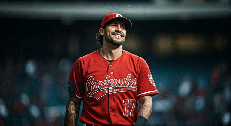 Fotografía conceptual y realista de César Prieto con el uniforme de los Cardenales de San Luis, sonriendo tras conectar un hit en un estadio de Grandes Ligas, con el público en el fondo. Estilo cinematográfico, alta definición.